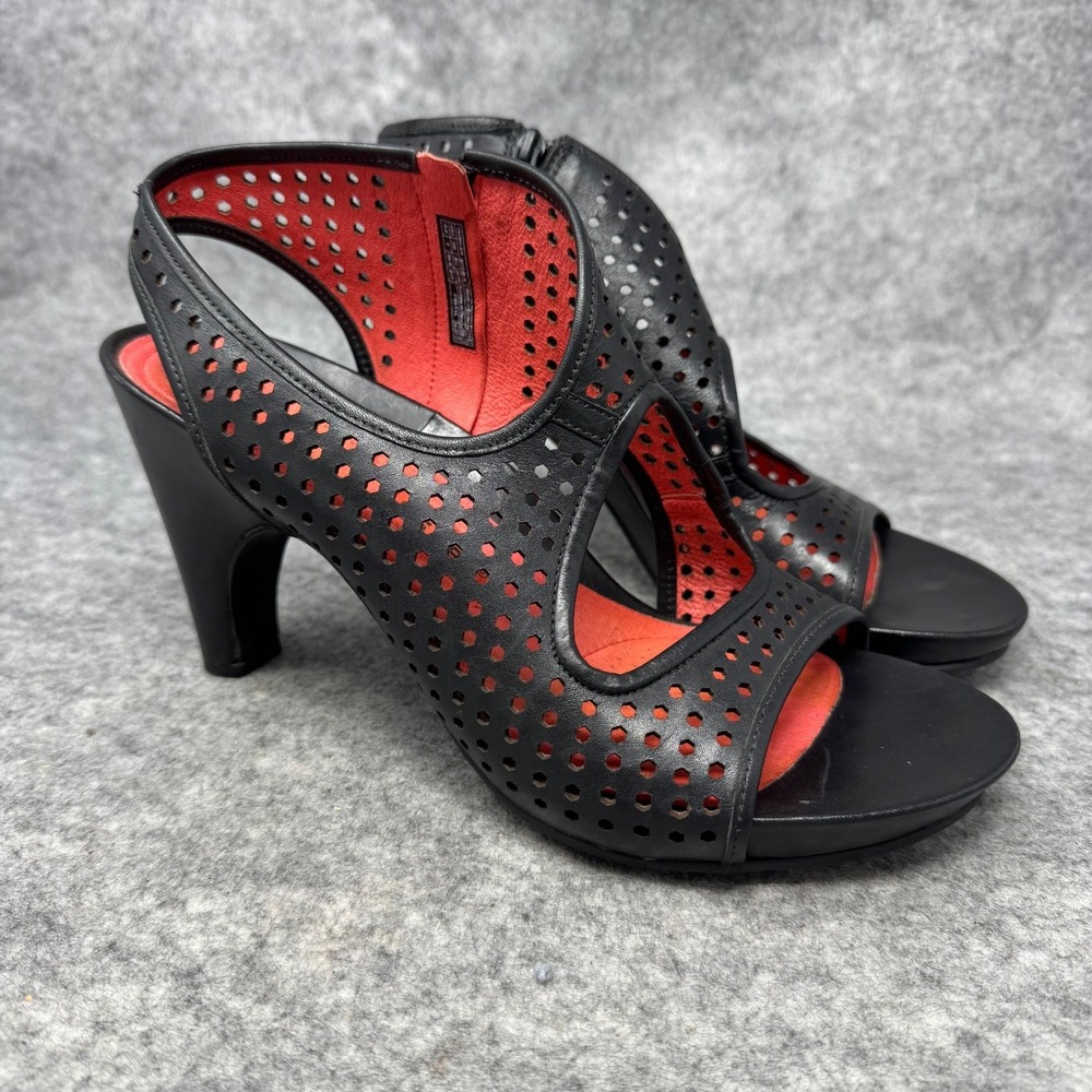 Tsubo Slingback Heel Sandals Womens Sz 8.5 Perforated Black Leather Goth Grunge
